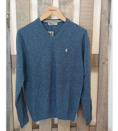 Pull col V bleu indigo laine mélangée homme Bande Originale