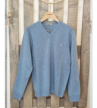 Pull col V bleu ciel laine mélangée homme Bande Originale