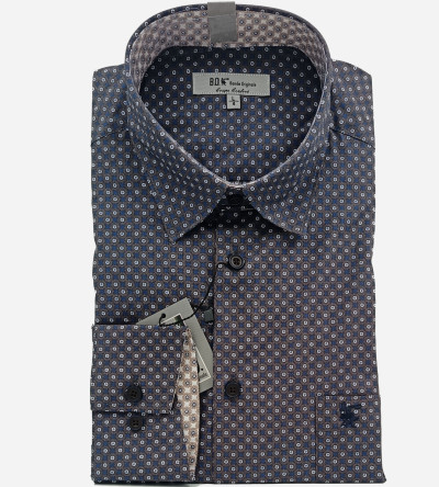 Chemise bleue à motifs fantaisie bleu navy et marron