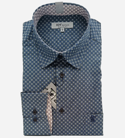Chemise bleu indigo à motifs fantaisie bleu navy et marron