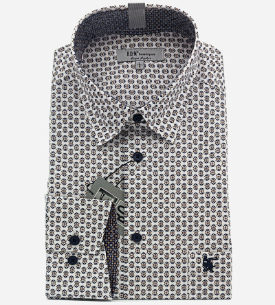 Chemise blanche à motifs fantaisie bleu navy et beige. Homme. Bande Originale