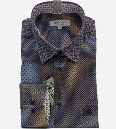 Chemise bleue à motifs fantaisie blanc et beige. Homme. Bande Originale