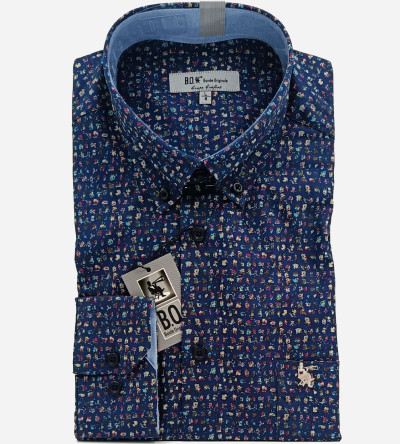 Chemise bleu Navy à motifs fantaisie multicolores. Homme. Bande Originale