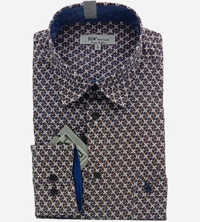Chemise marron à motifs fantaisie bleu Navy et blanc. Homme. Bande Originale