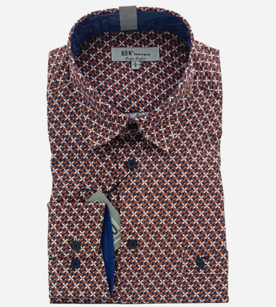 Chemise rouge à motifs fantaisie bleu Navy et blanc. Homme. Bande Originale