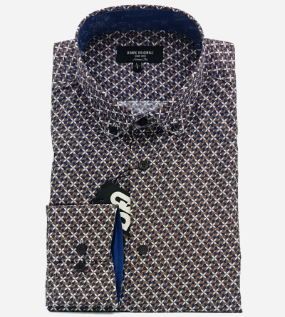 Chemise marron regular fit à motifs fantaisie bleu Navy et blanc. Homme. Bande Originale